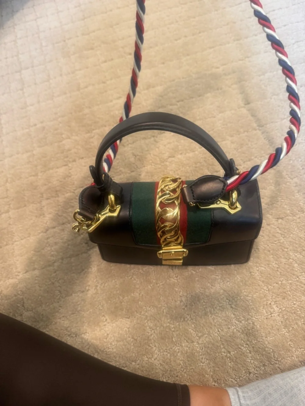 Gucci Black Leather Mini Top-Handle Bag with Green & Red Stripe - Picture 4 of 13